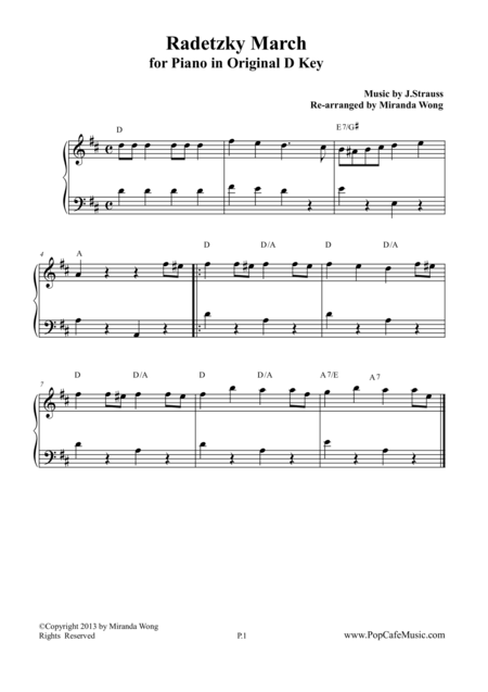 Radetzky March In Original D Key Piano Solo Sheet Music