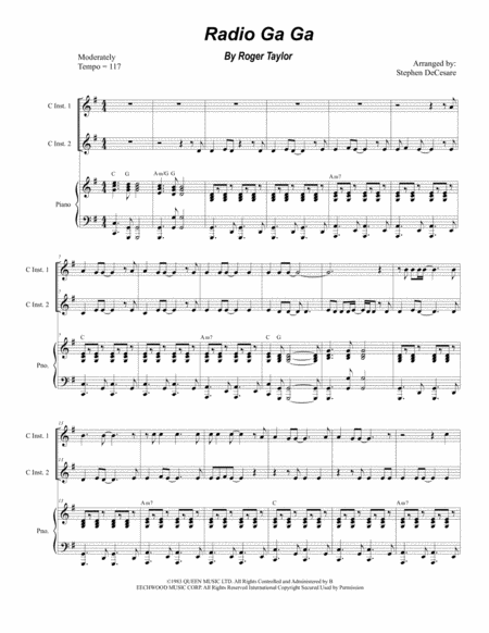 Free Sheet Music Radio Ga Ga Duet For C Instruments