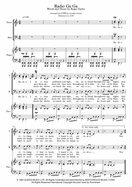 Radio Ga Ga Queen For Ttbb Piano Sheet Music