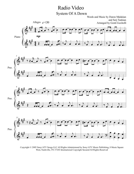 Radio Video Piano Solo Sheet Music