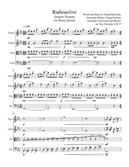 Free Sheet Music Radioactive By Imagine Dragons For String Quartet