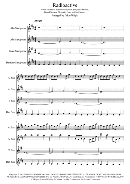 Free Sheet Music Radioactive By Imagine Dragons Saxophone Quartet