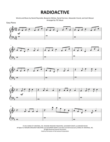 Radioactive Easy Piano Sheet Music