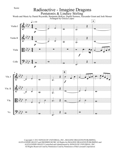 Radioactive Imagine Dragons Pentatonix Lindsey Stirling For Strings Quartet Sheet Music