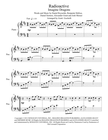 Free Sheet Music Radioactive Piano Solo