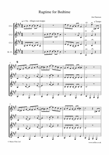 Free Sheet Music Ragtime For Bedtime For Clarinet Quartet Score Parts