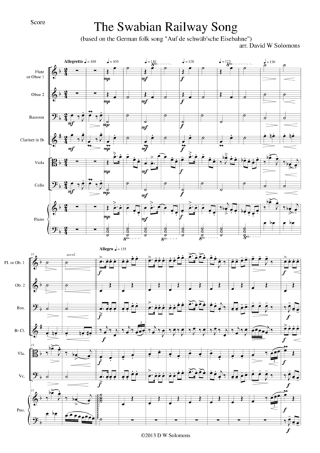 Railway Song Auf De Schwb Sche Eisebahne For Flute Or Oboe Oboe Clarinet Bassoon Viola Cello Piano Sheet Music