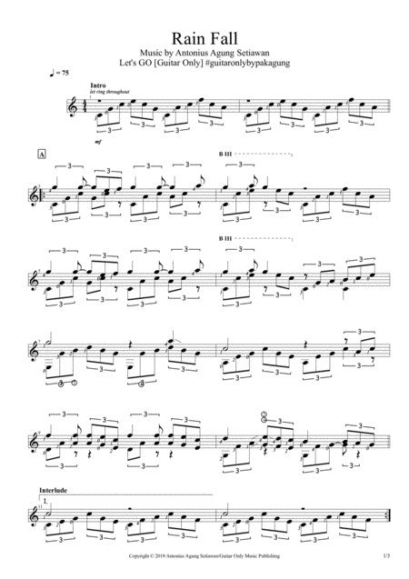 Rain Falls Solo Guitar Score Sheet Music