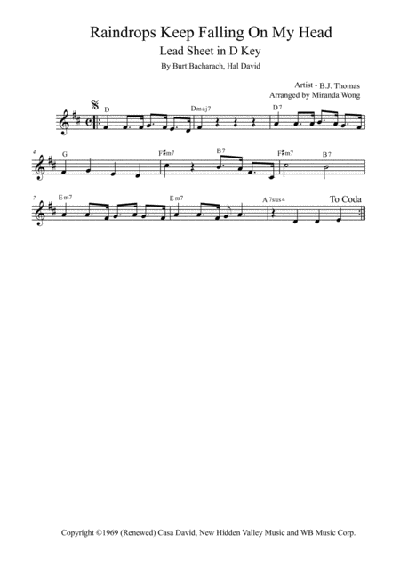 Free Sheet Music Raindrops Keep Fallin On My Head Lead Sheet In D Key With Chords