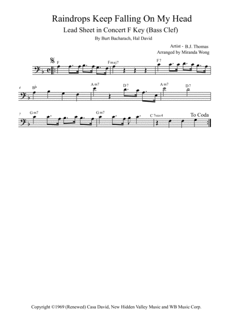 Raindrops Keep Fallin On My Head Trombone Or Bassoon In Published F Key With Chords Sheet Music