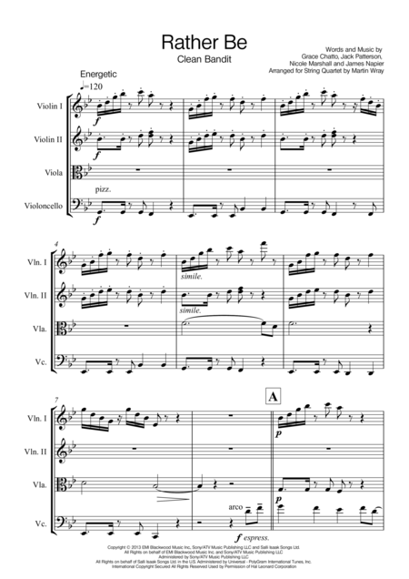 Rather Be String Quartet Sheet Music