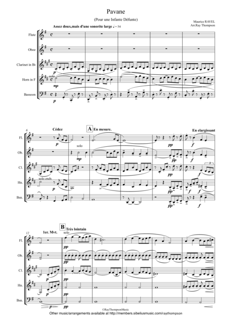 Free Sheet Music Ravel Pavane Pour Une Infante Dfunte Pavane For A Dead Princess Wind Quintet