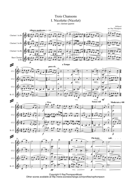 Ravel Trois Chansons Three Songs Includes Three Lovely Birds Of Paradise Arr Clarinet Quartet Sheet Music