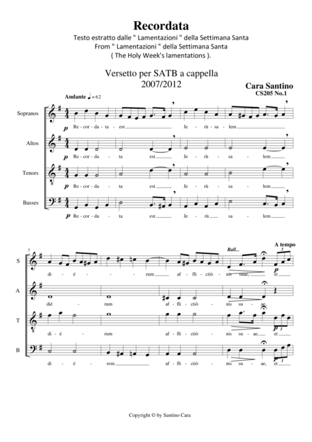 Free Sheet Music Recordata Verse For Choir Satb A Cappella