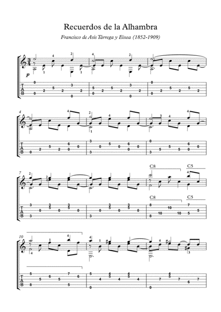 Recuerdos De La Alhambra Easy Guitar Sheet Music