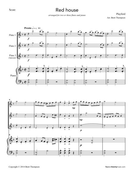 Red House For Two Or Three Flutes And Optional Piano Sheet Music