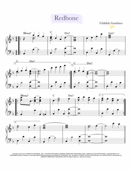 Free Sheet Music Redbone Easy Piano Arrangement