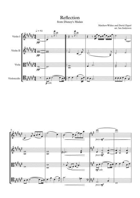 Free Sheet Music Reflection From Disneys Mulan String Quartet