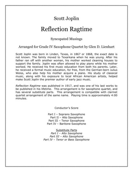 Free Sheet Music Reflection Ragtime Saxophone