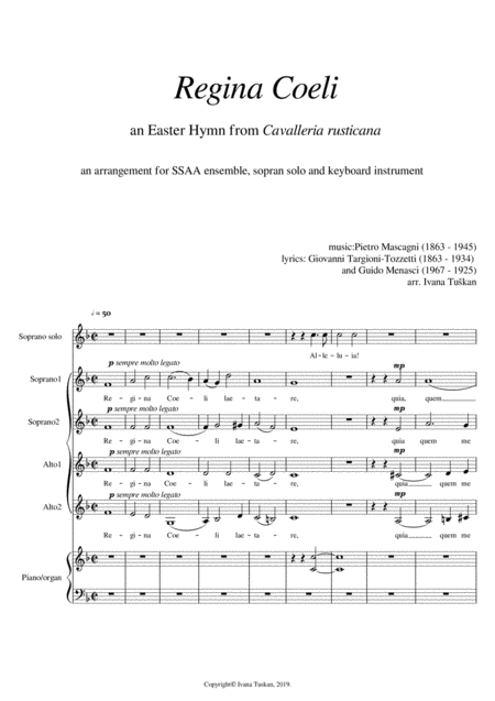 Regina Coeli From Cavalleria Rusticana Ssaa Soprano Solo Piano Organ Full Version F Major Sheet Music