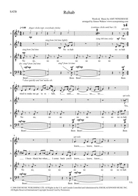 Rehab By Amy Winehouse In Exuberant Satb Sheet Music