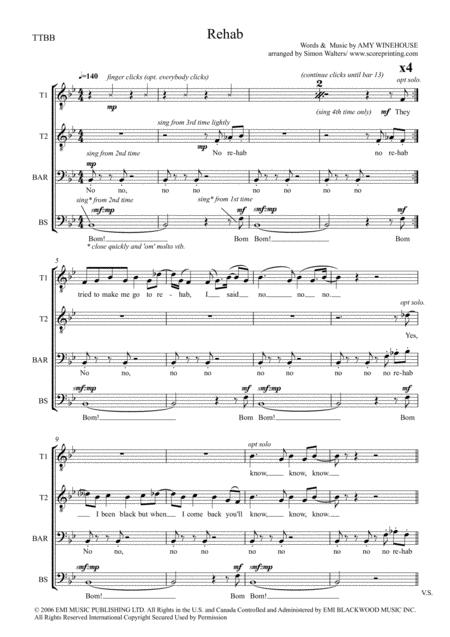 Free Sheet Music Rehab By Amy Winehouse In Exuberant Ttbb