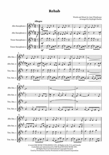 Rehab By Amy Winehouse Saxophone Quartet Aatt Sheet Music