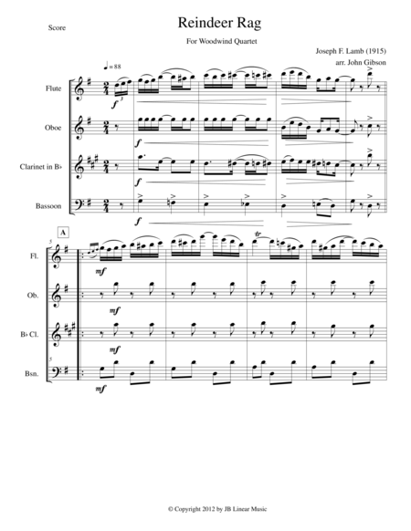 Free Sheet Music Reindeer Rag By Joseph Lamb For Woodwind Quartet