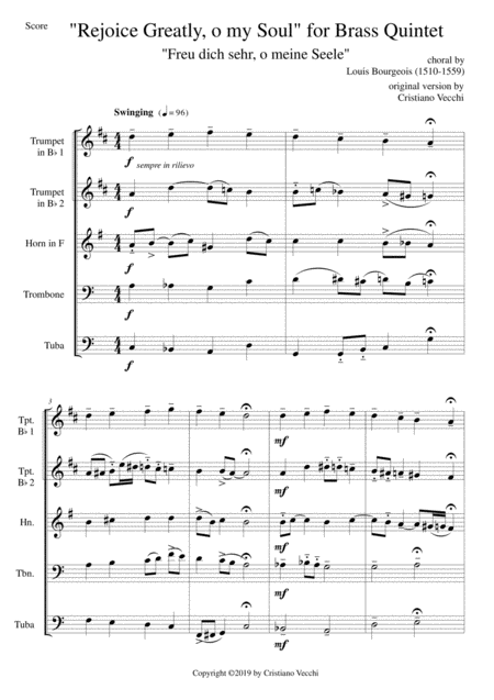 Free Sheet Music Rejoice Greatly O My Soul For Brass Quintet