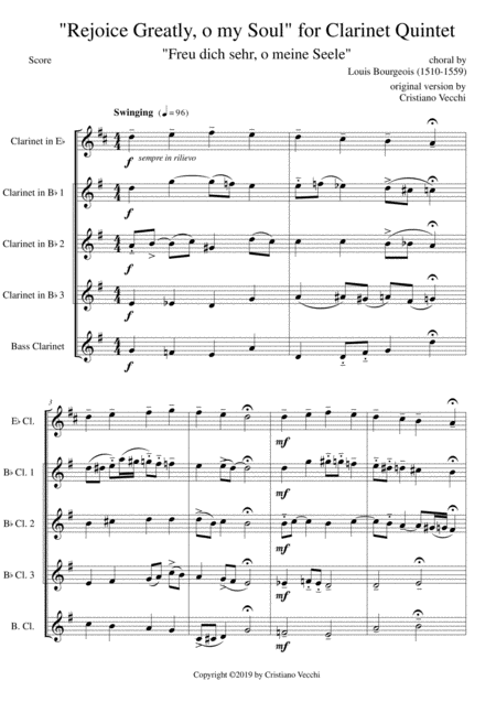Free Sheet Music Rejoice Greatly O My Soul For Clarinet Quintet