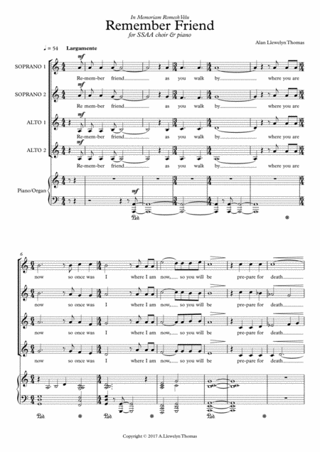 Remember Friend Ssaa Piano Sheet Music