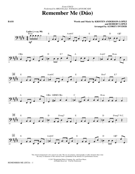 Remember Me Duo From Coco Arr Audrey Snyder Bass Sheet Music