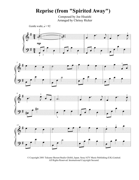 Reprise From Spirited Away Intermediate Piano Sheet Music