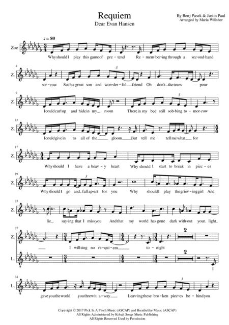 Requiem Dear Evan Hansen Vocals Sheet Music