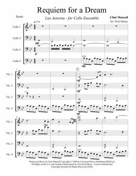 Requiem For A Dream Cello Ensemble Sheet Music