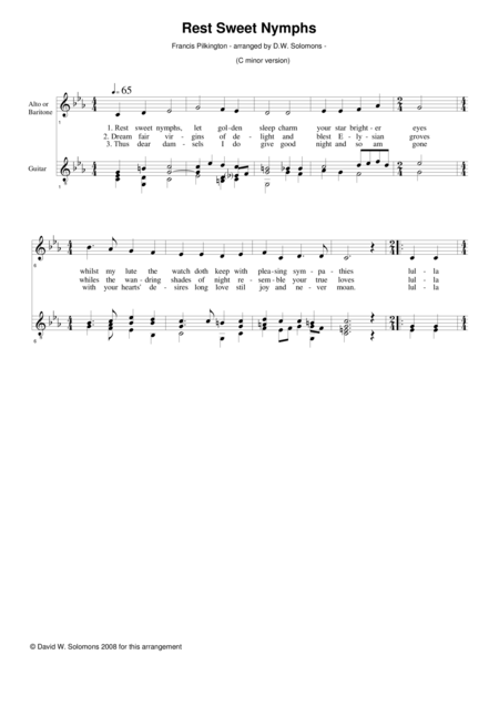 Rest Sweet Nymphs C Minor Version For Alto Or Baritone And Guitar Sheet Music