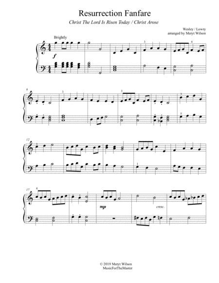 Free Sheet Music Resurr E Ction Fanfare Piano Solo Christ The Lord Is Risen Today Christ Arose