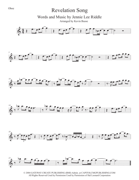 Revelation Song Easy Key Of C Oboe Sheet Music