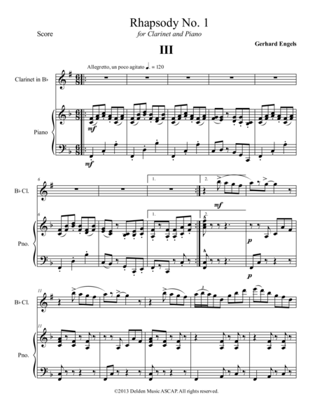 Rhapsody For Clarinet And Piano No 1 Mvt Iii Sheet Music