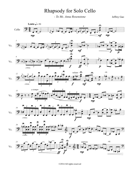 Free Sheet Music Rhapsody For Solo Cello