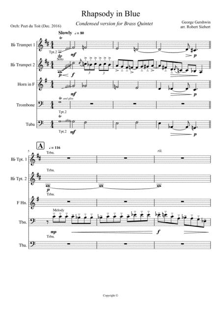 Rhapsody In Blue G Gershwin Condensed Version For Brass Quintet Sheet Music