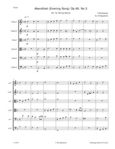 Rheinberger Abendlied Evening Song Op 69 No 3 Arr For String Sextet Sheet Music