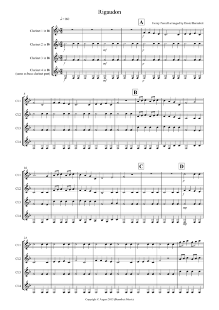 Rigaudon By Purcell For Clarinet Quartet Sheet Music