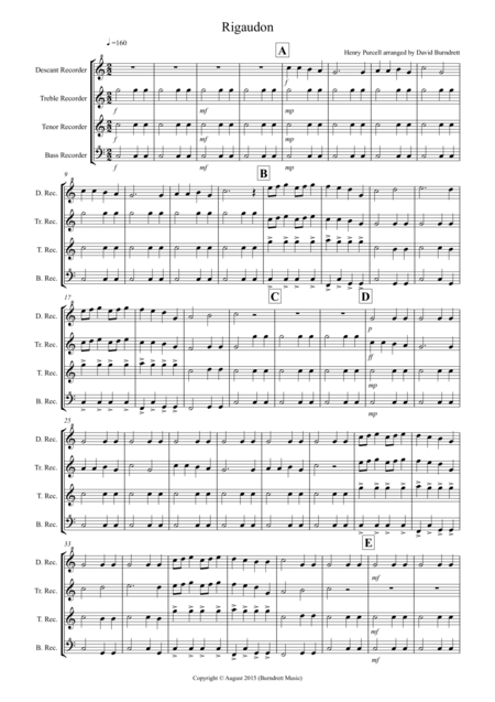 Rigaudon By Purcell For Recorder Quartet Sheet Music