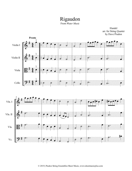 Free Sheet Music Rigaudon From Water Music For String Quartet