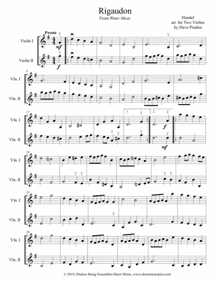 Rigaudon From Water Music For Two Violins Sheet Music