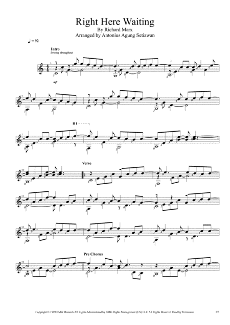 Right Here Waiting Solo Guitar Score Sheet Music