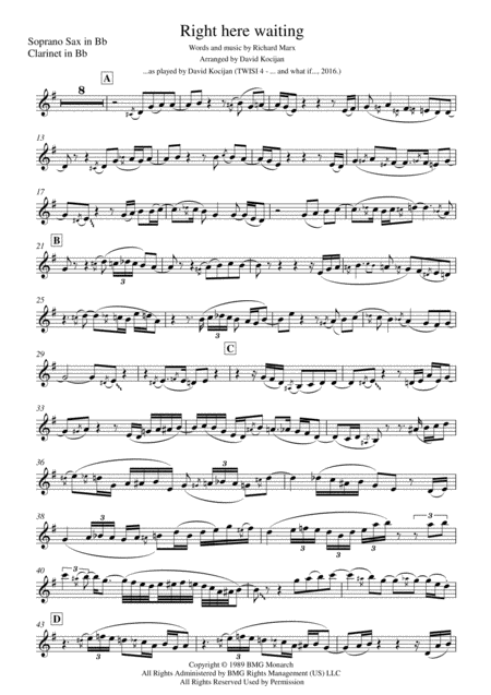 Free Sheet Music Right Here Waiting Soprano Sax Clarinet In Bb