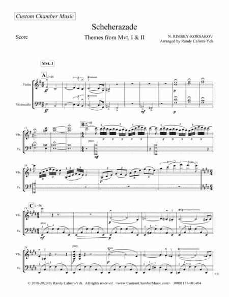 Free Sheet Music Rimsky Korsakov Scherazade Themes From Mvts 1 2 Violin Cello Duet