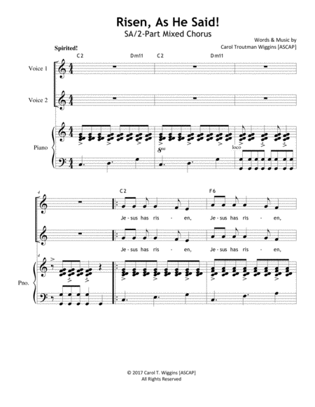 Free Sheet Music Risen As He Said 2 Part